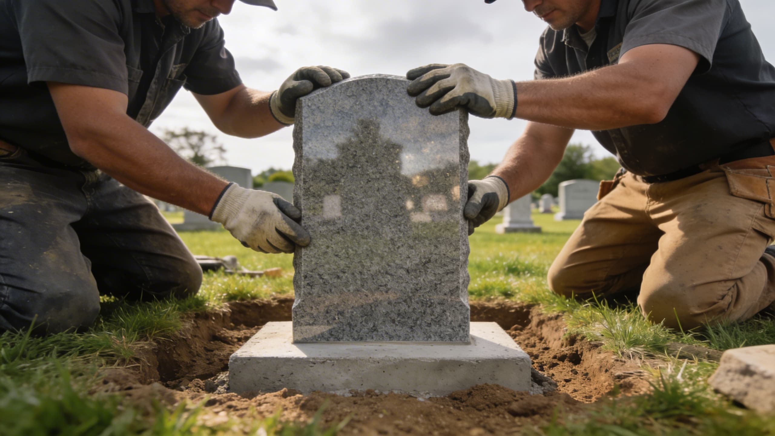 Cemetery workers carefully setting a polished gray granite upright headstone onto a fresh concrete foundation at a cemetery gravesite