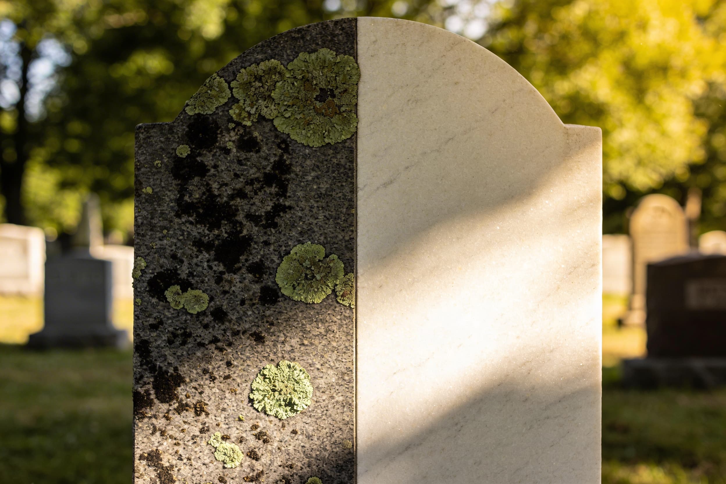 Split view showing a lichen-covered headstone before cleaning on the left and the same headstone cleaned on the right