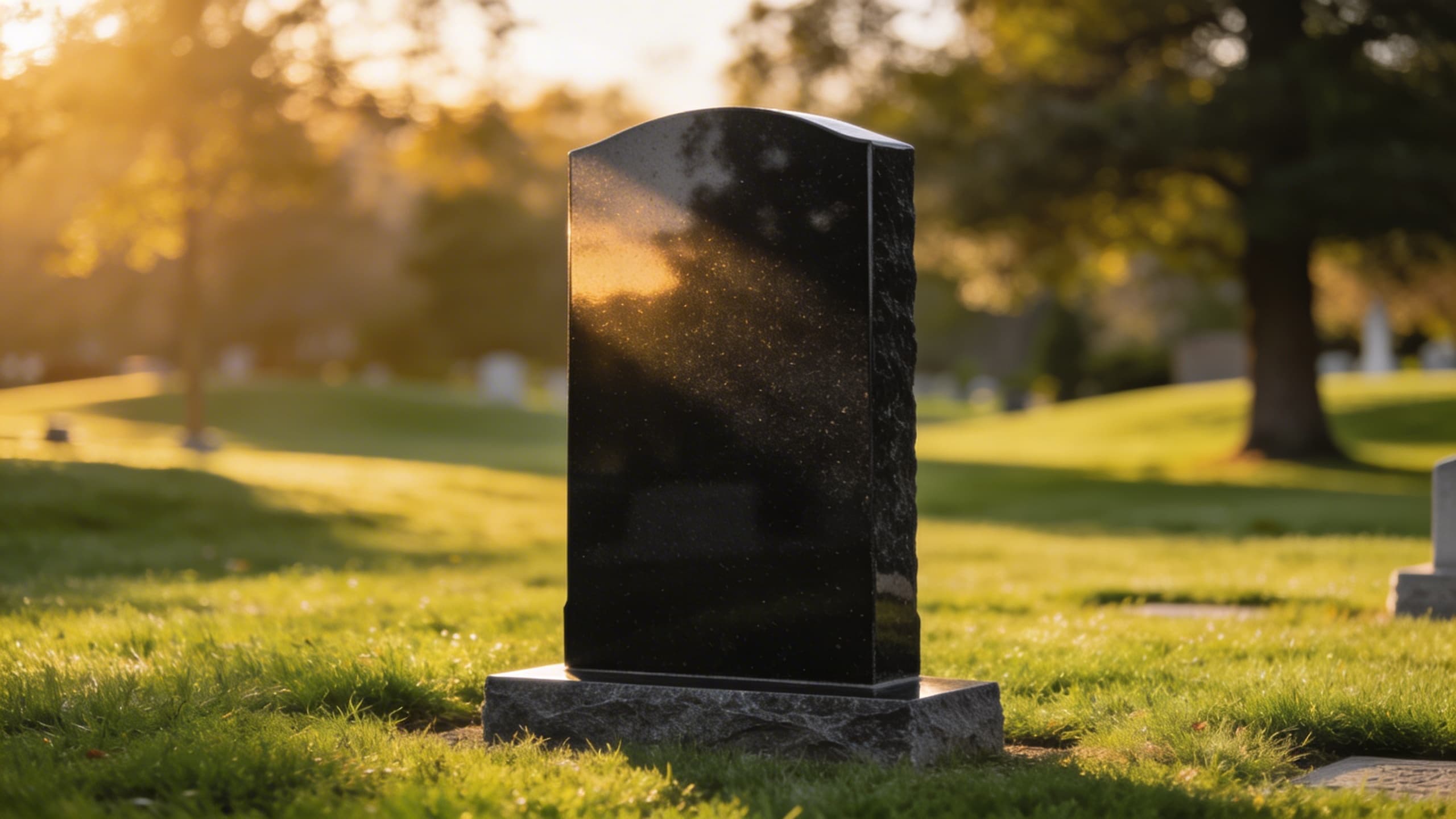 A polished black granite upright headstone on green cemetery grass at golden hour