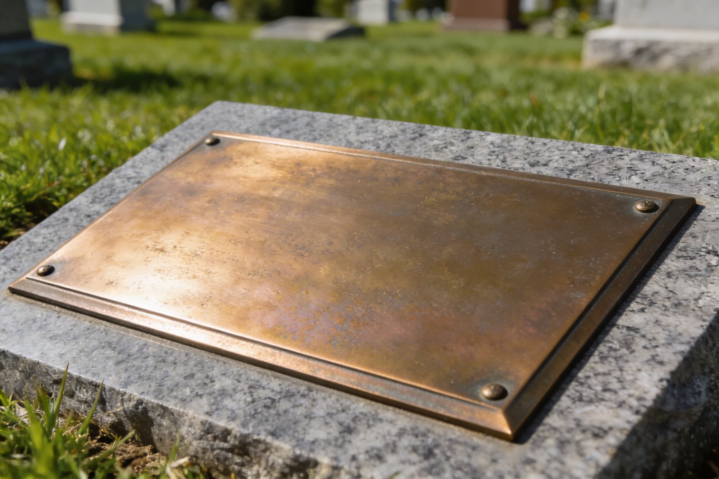 A bronze memorial plaque with subtle patina mounted on a gray granite base in a cemetery setting