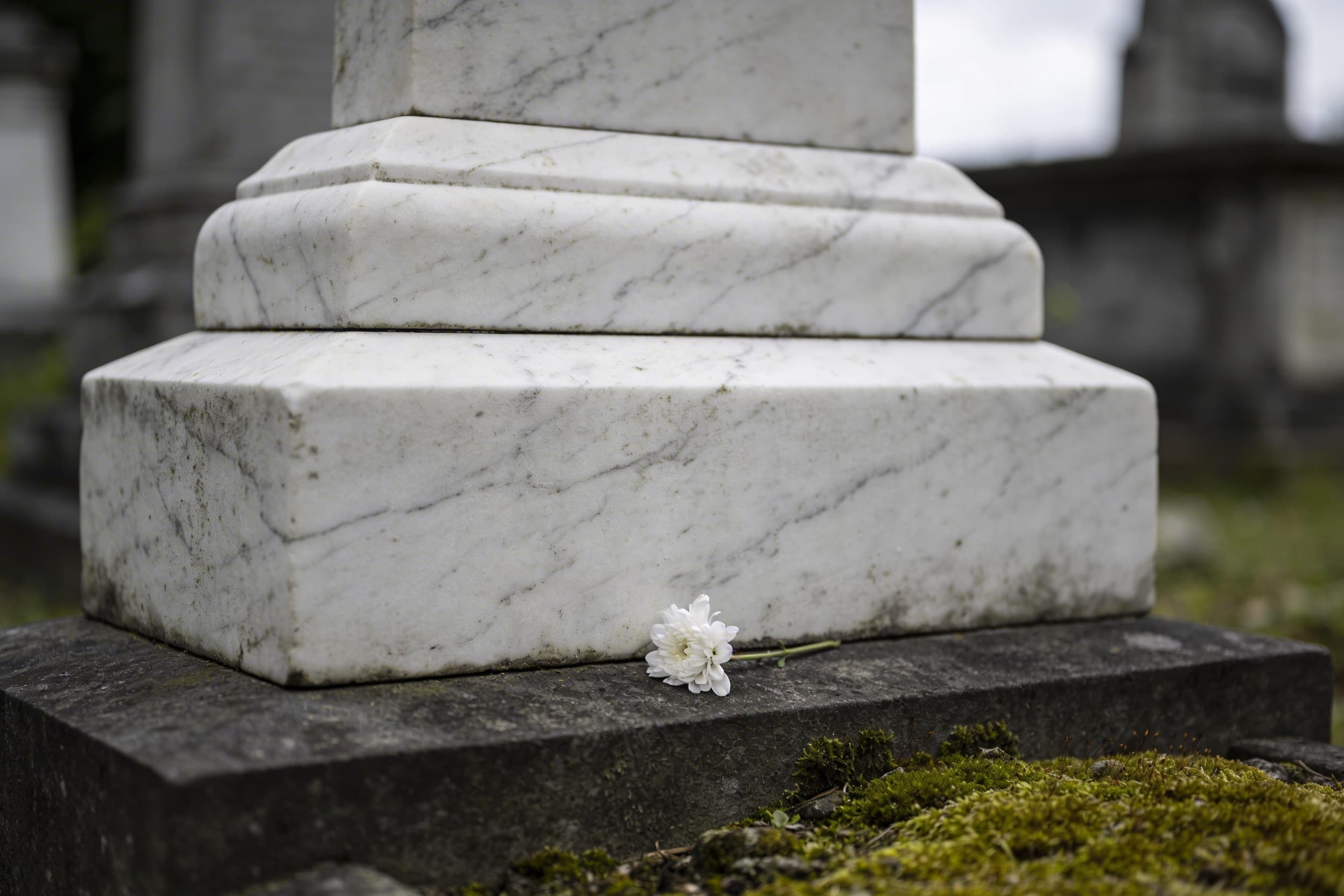 A weathered white marble headstone base with visible veining and a small white flower in a historic cemetery