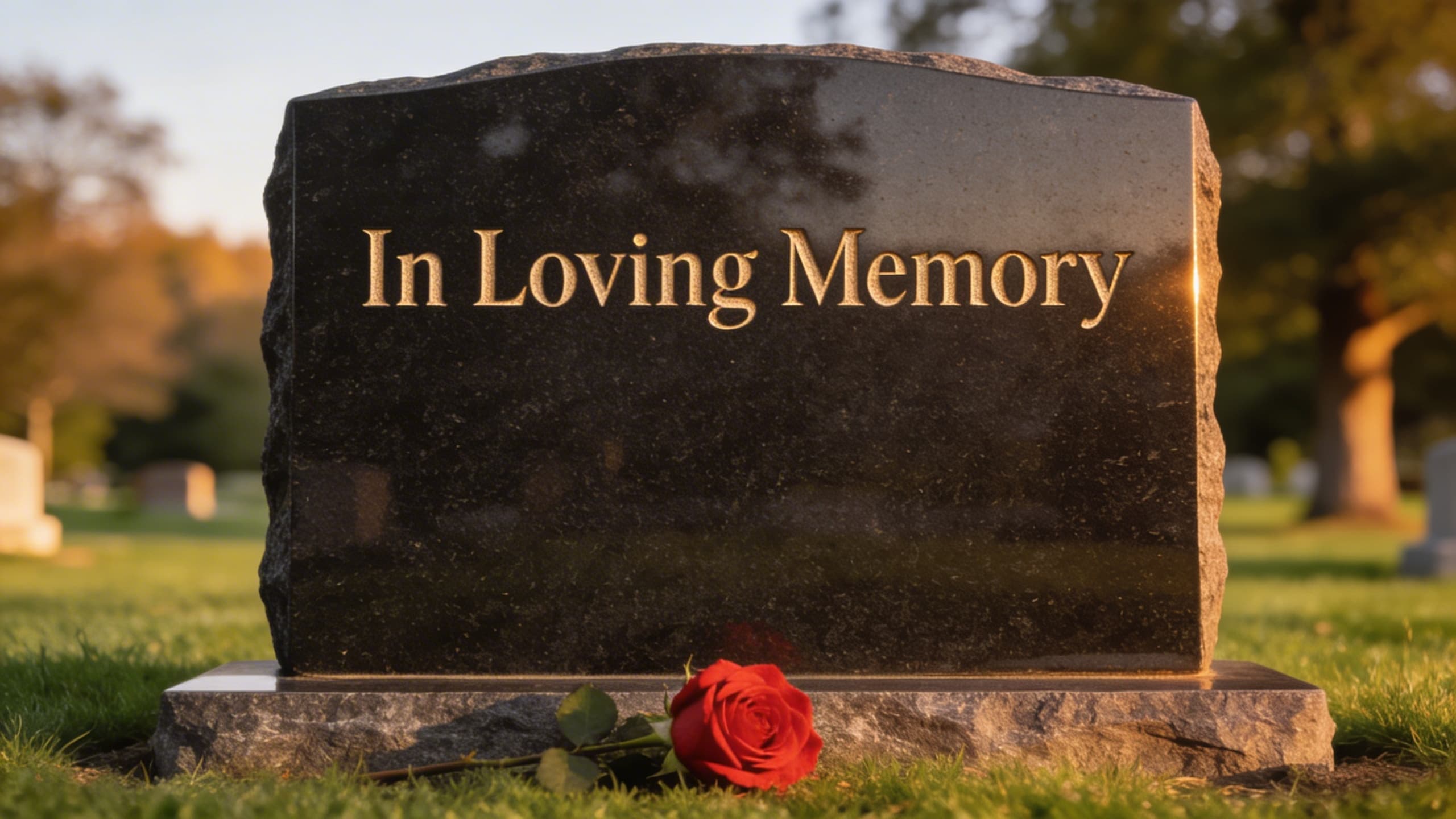 An engraved granite headstone with a carved rose