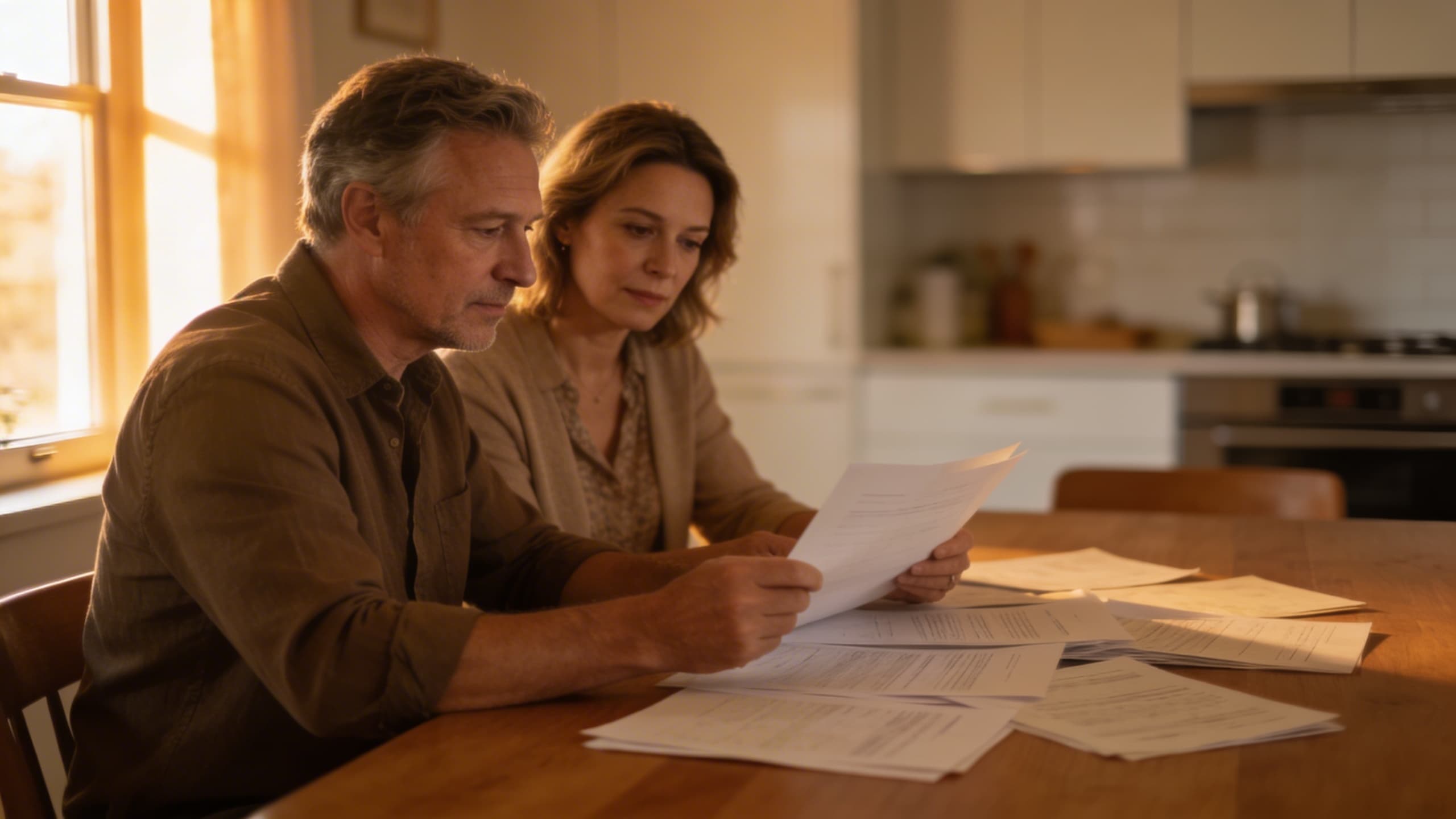 A family sitting at a kitchen table reviewing cremation planning paperwork together in warm natural light