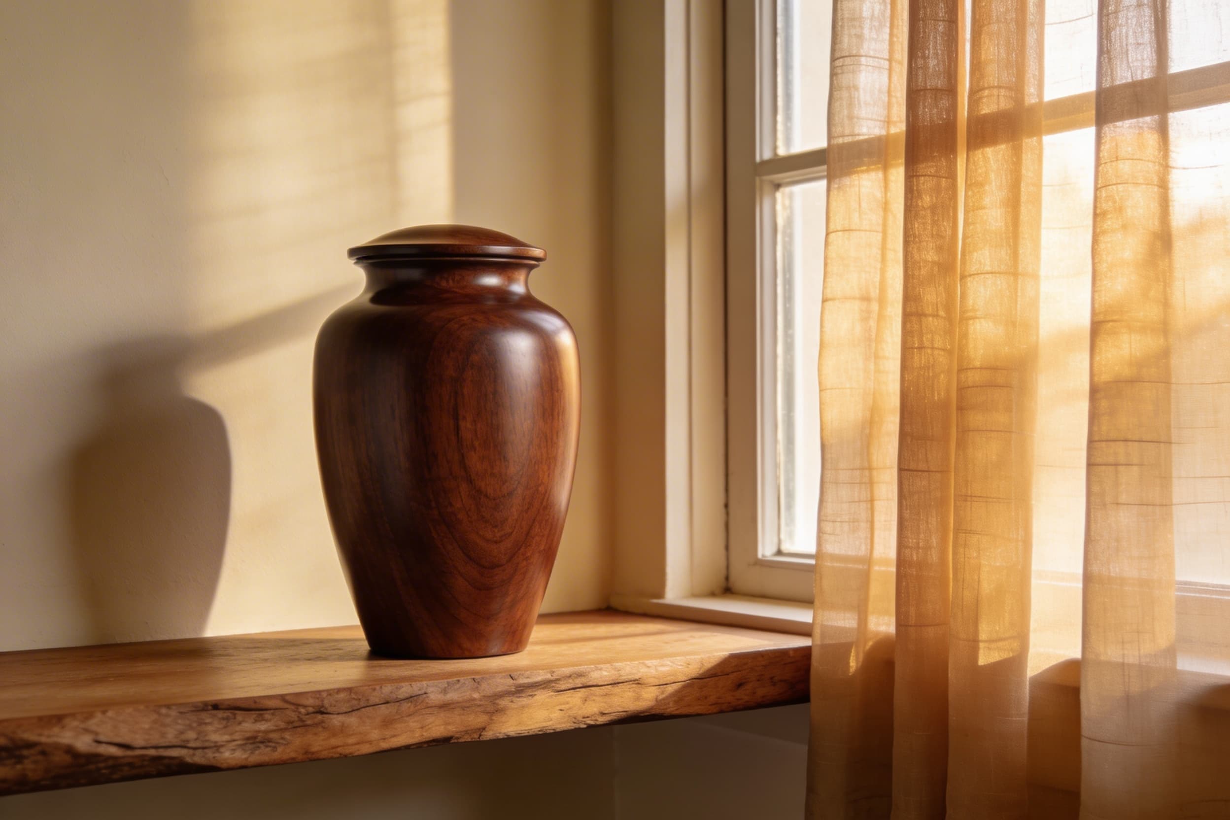 A simple cremation urn resting on a wooden shelf near a window with warm natural light