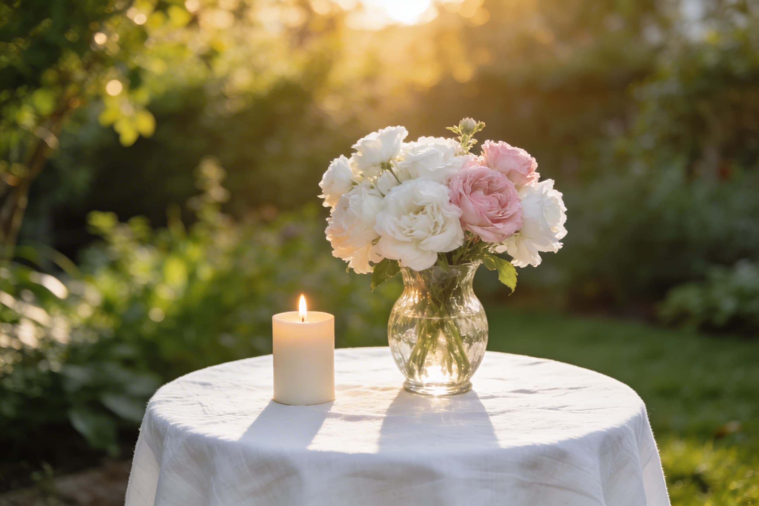 An outdoor memorial gathering with flowers and a lit candle on a table surrounded by soft greenery