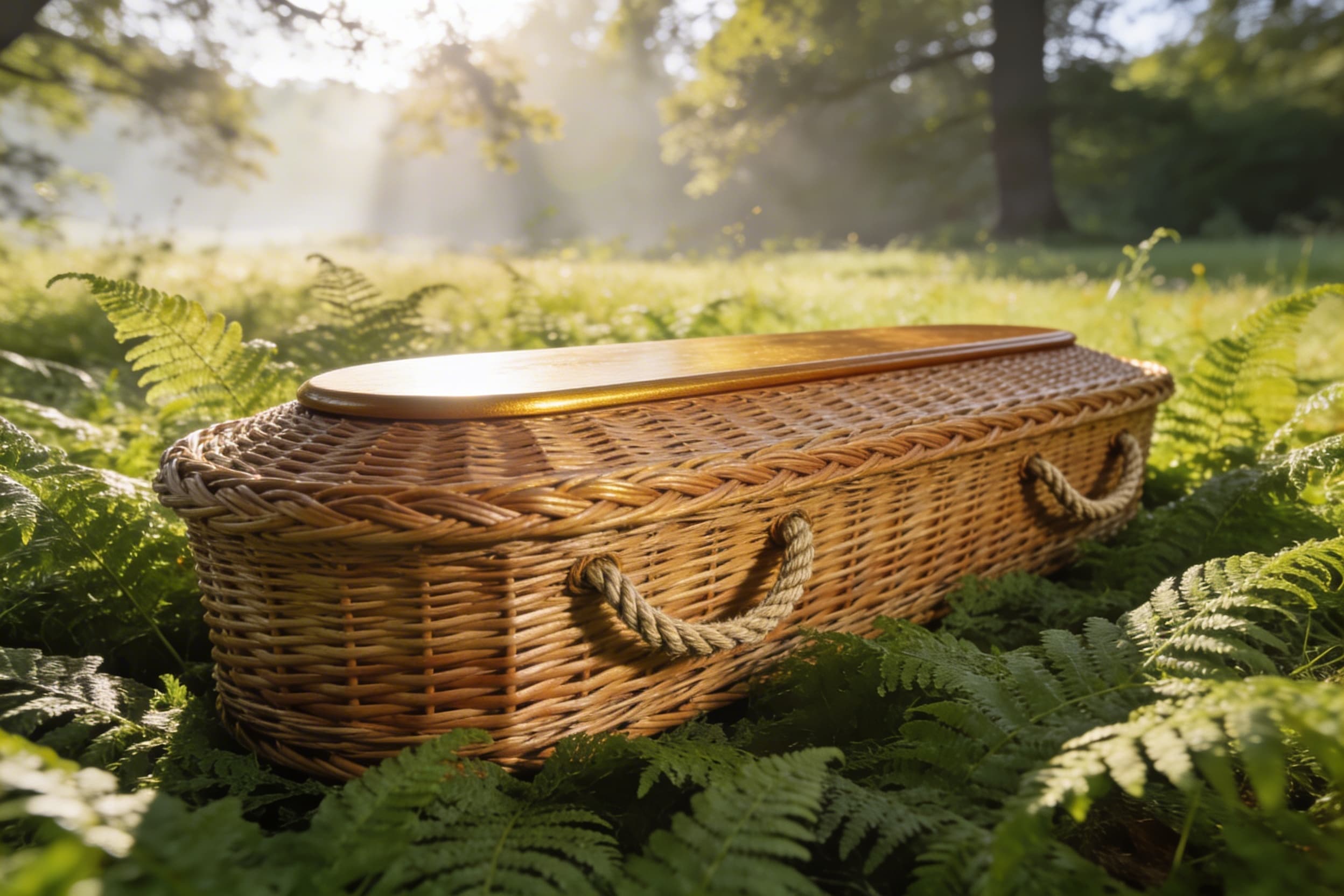 A hand-woven natural willow casket resting on a bed of green fern leaves in an outdoor setting, prepared for a green burial ceremony