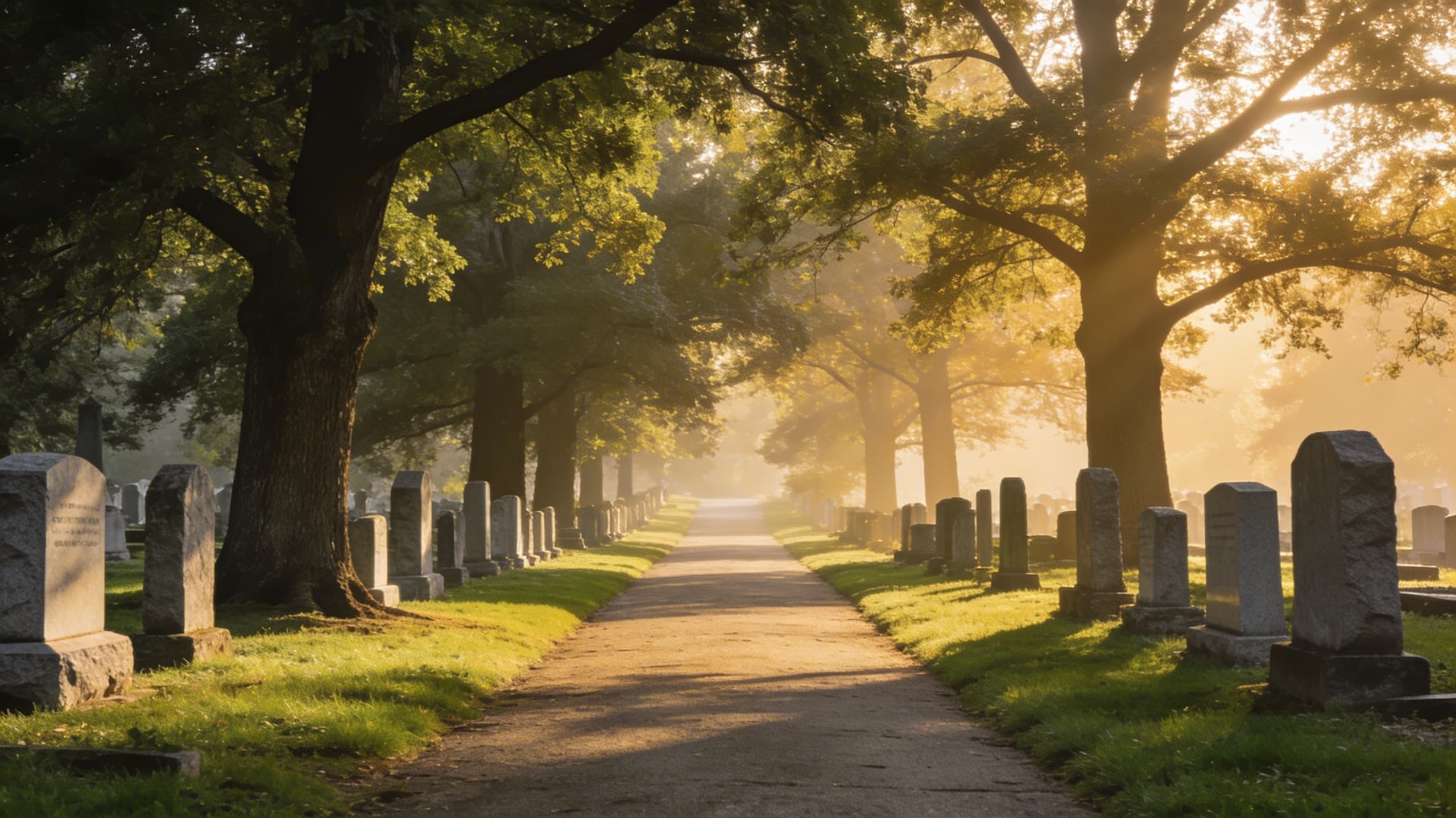 A peaceful cemetery pathway lined with upright headstones beneath mature shade trees on a sunny morning