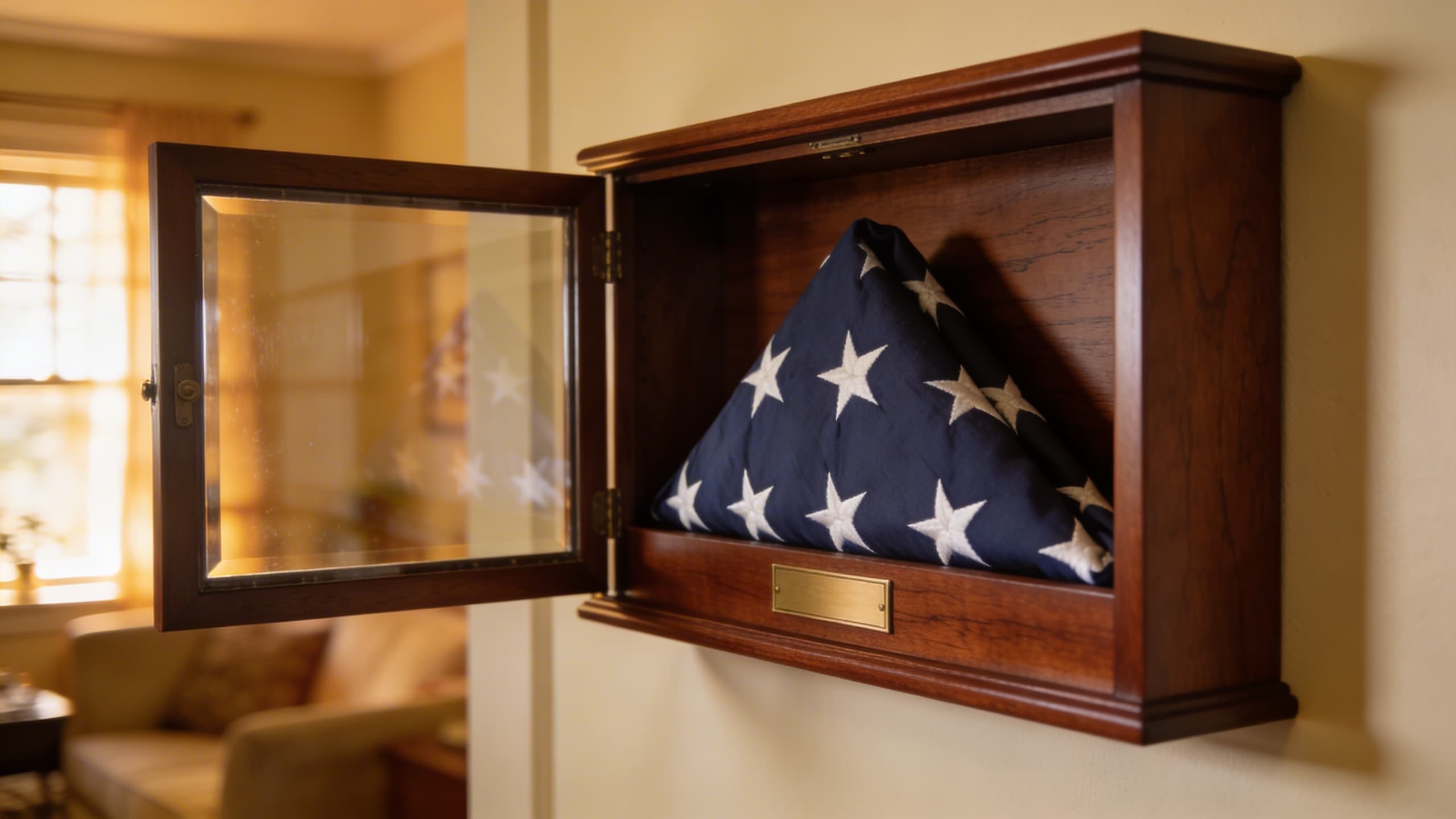 A folded American flag in a cherry wood display case