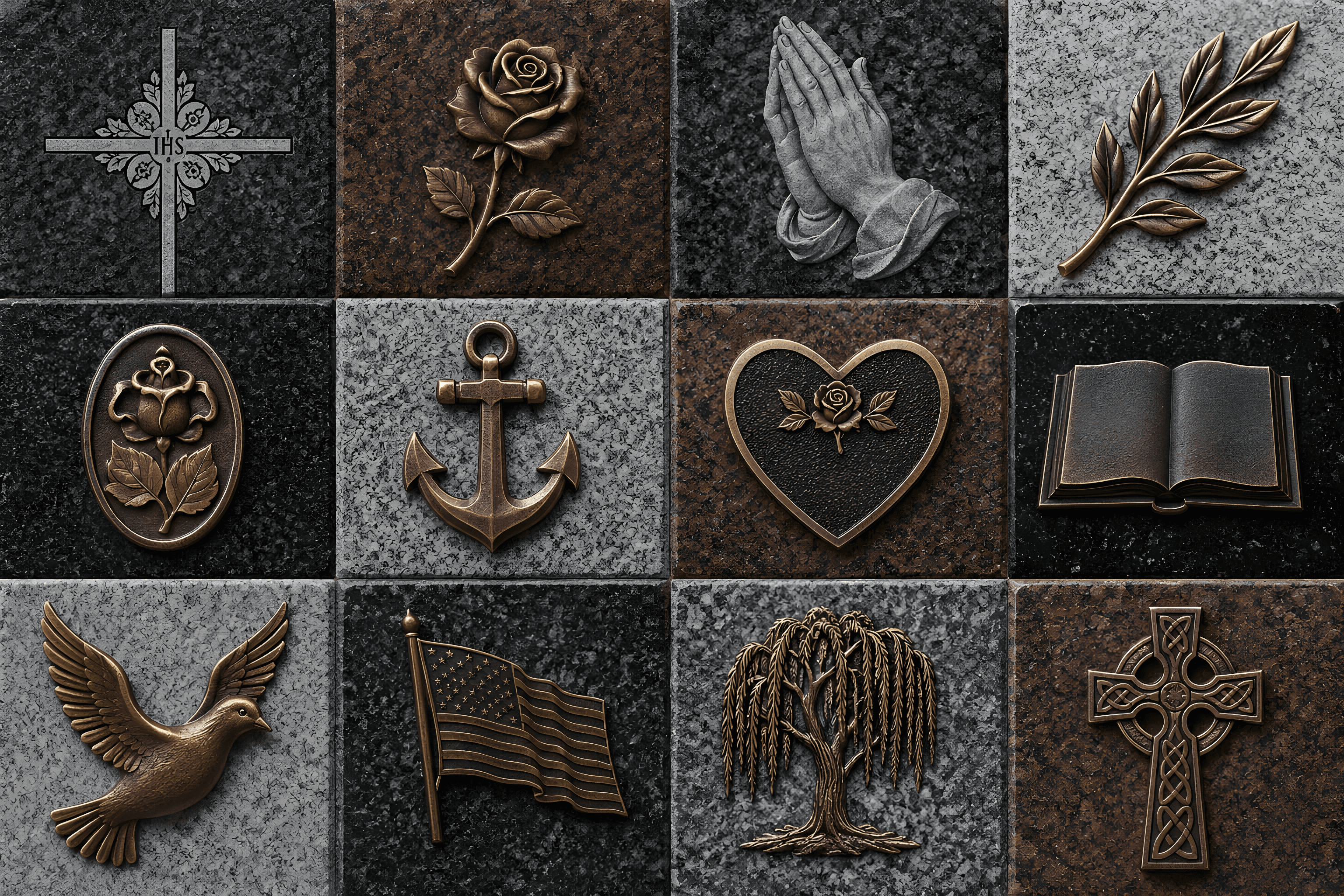 An abstract mosaic of common cemetery symbols like crosses, doves, anchors, and angels.