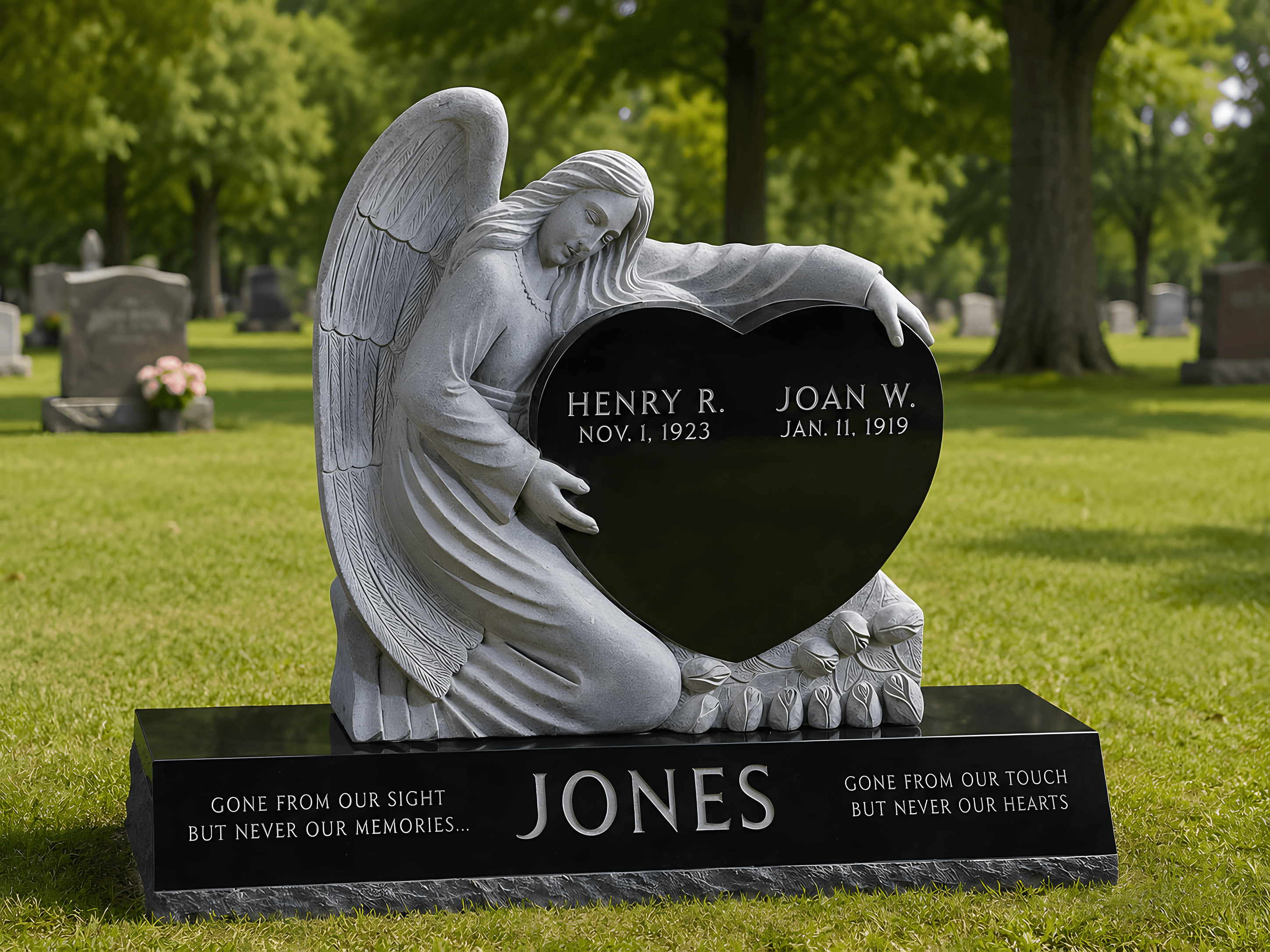 An angel upright headstone sitting in the cemetery.