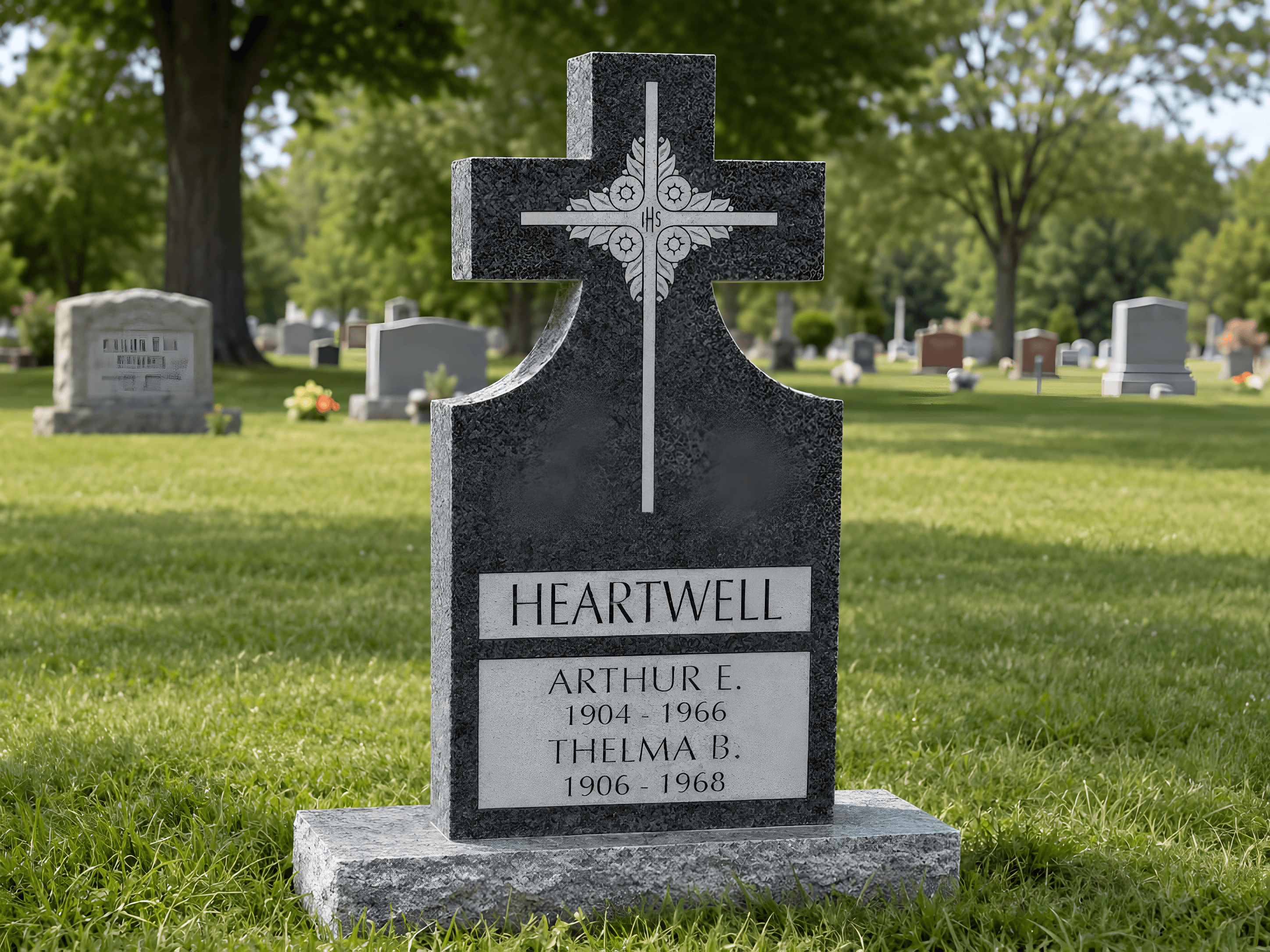 A cross upright headstone sitting in a cemetery.