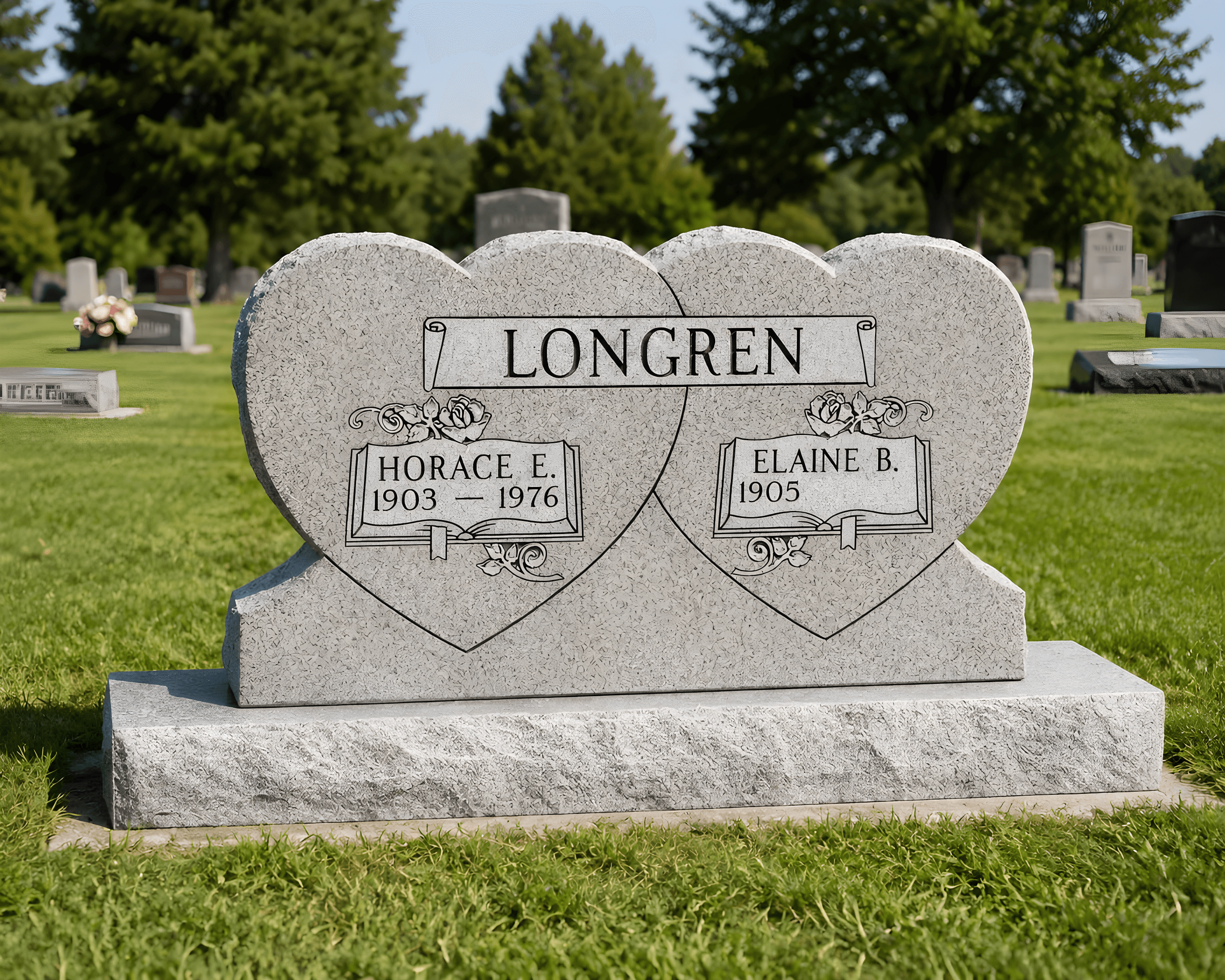 An upright heart headstone sitting in a cemetery.