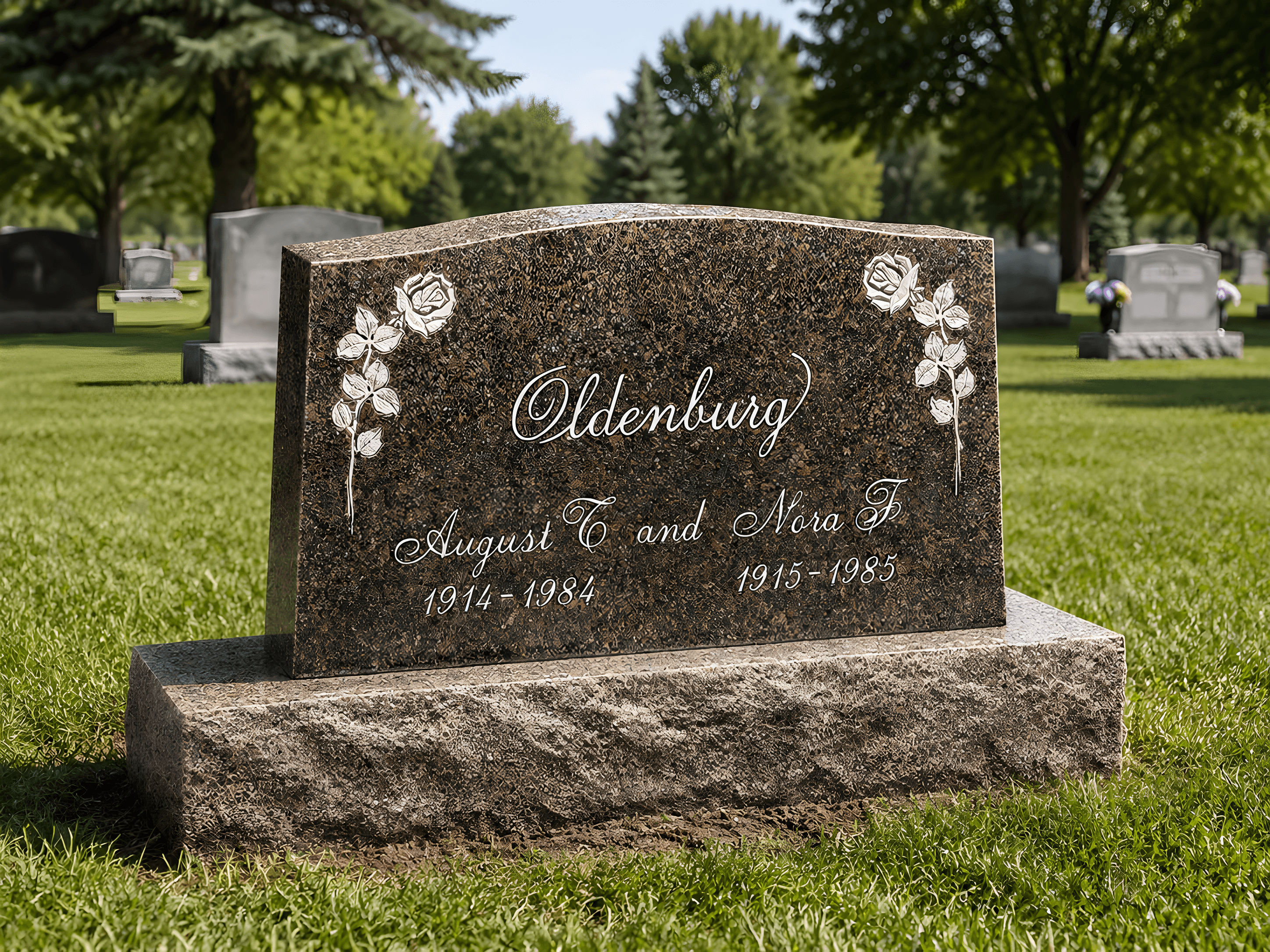 A rose emblem engraved on an upright headstone in a cemetery.