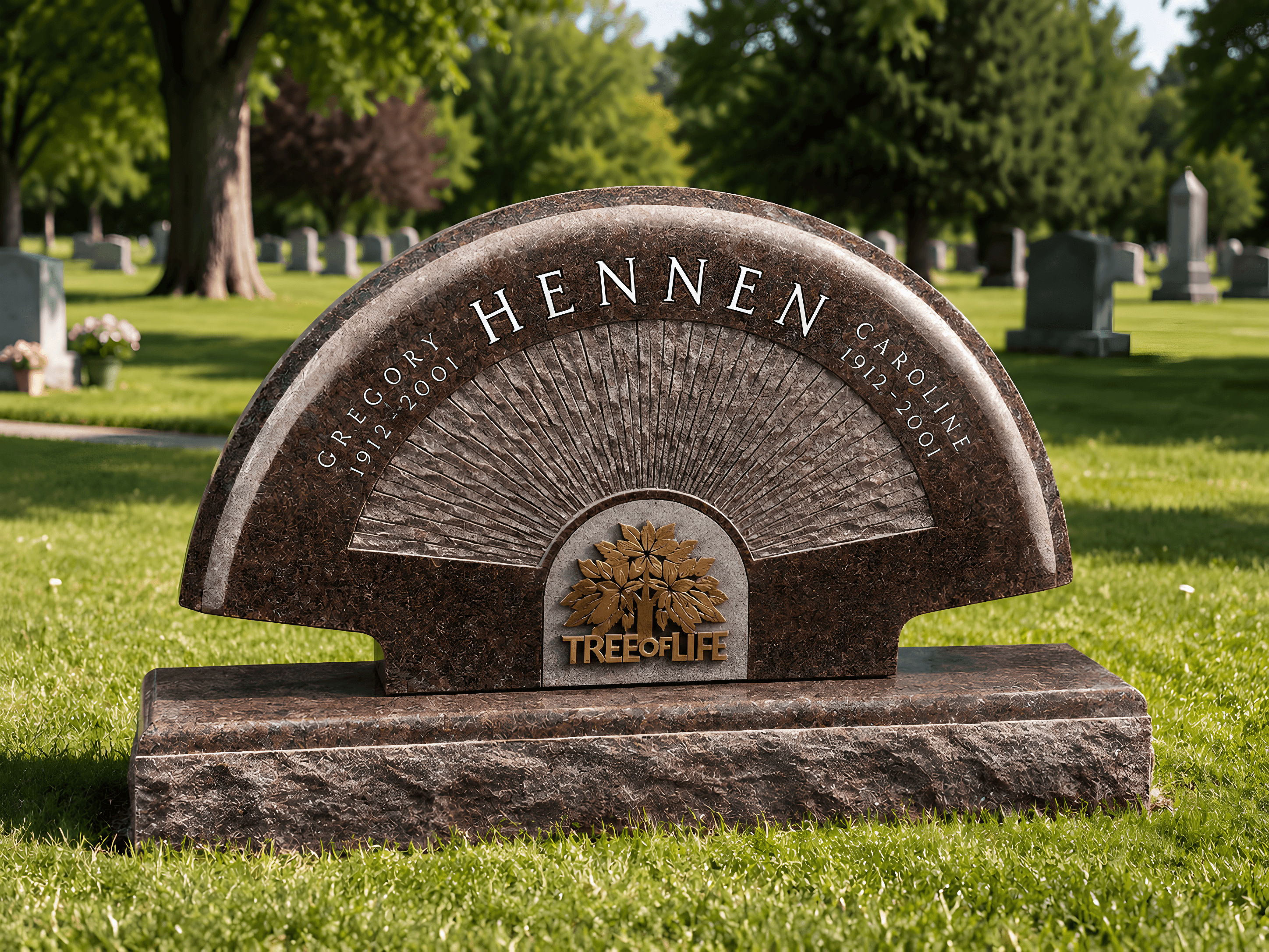 A tree of life upright headstone sitting in a cemetery.