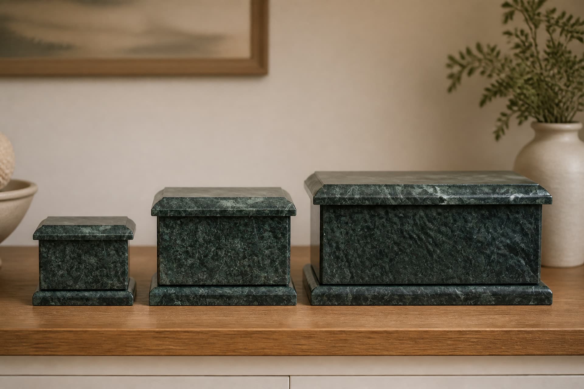 One green marble urn design in three sizes side by side: a keepsake urn, a full-size adult urn, and a wider companion urn
