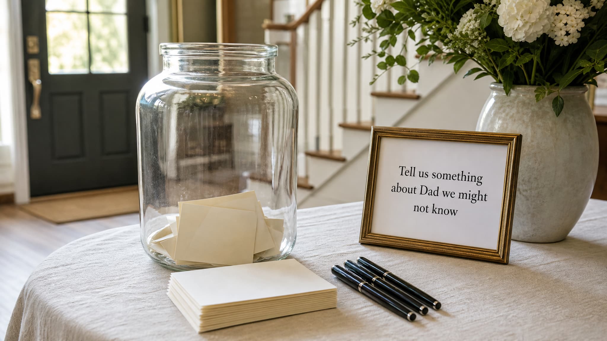 A large glass memory jar on a linen-covered table beside a stack of blank cards, a pen and a small printed sign