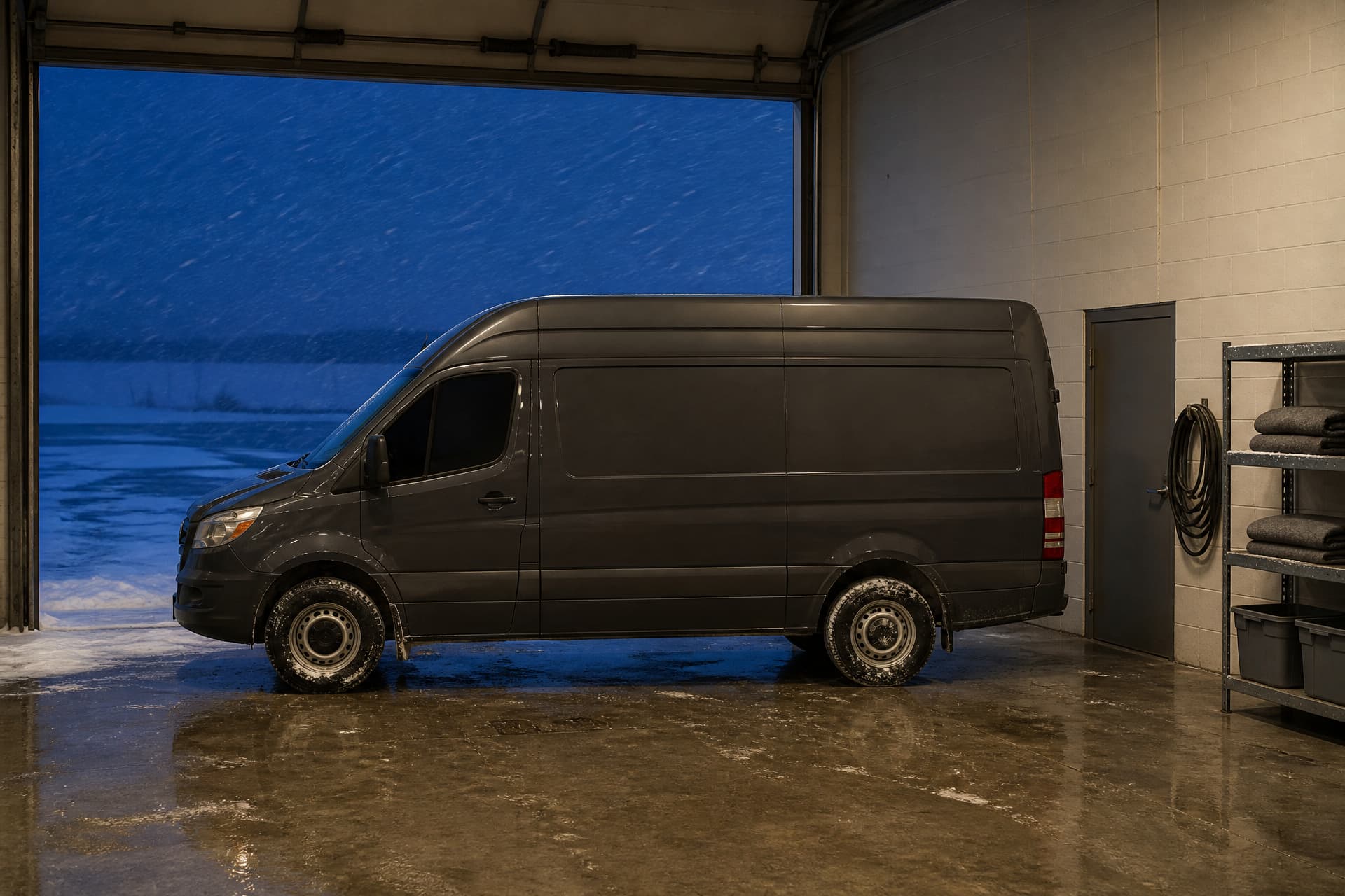 A plain unlettered dark gray transfer van standing in side profile inside a funeral home's garage bay on a North Dakota winter evening, the roll-up door raised on a snow-covered lot with fine snow blowing past outside
