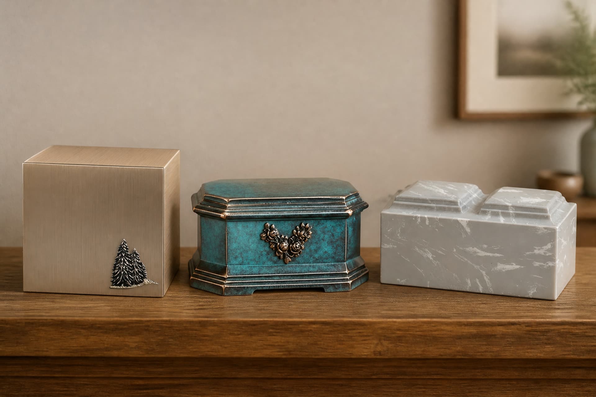 Three companion cremation urns on a wooden sideboard in soft daylight โ a brushed champagne box with a raised pine-tree relief, a teal patina bronze chest with a gold rose spray, and a white marble urn with two lids