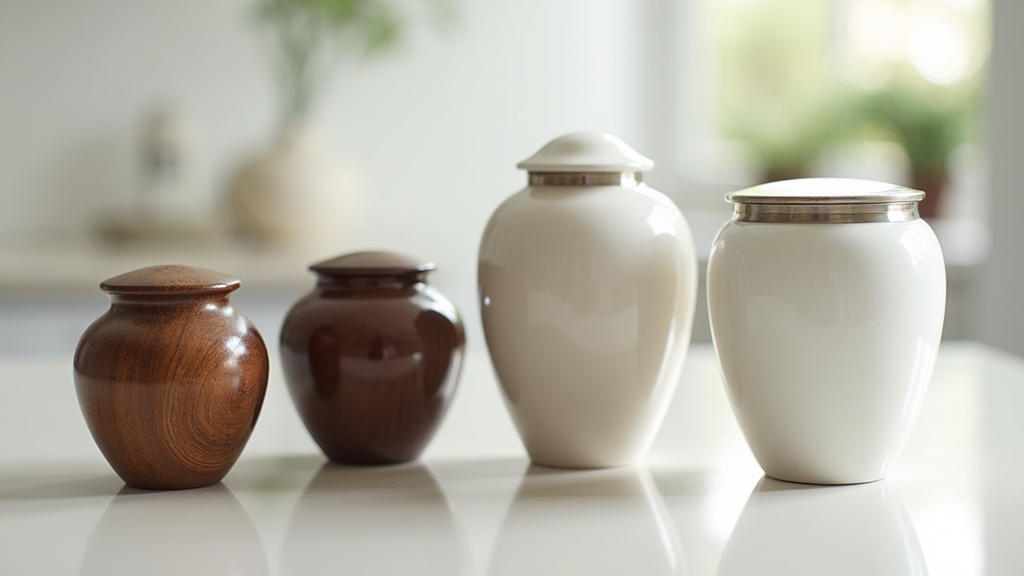 An elegant collection of diverse keepsake urns made from wood, ceramic, and metal.