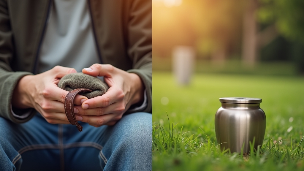 A person contemplating the choice between dog burial and cremation.