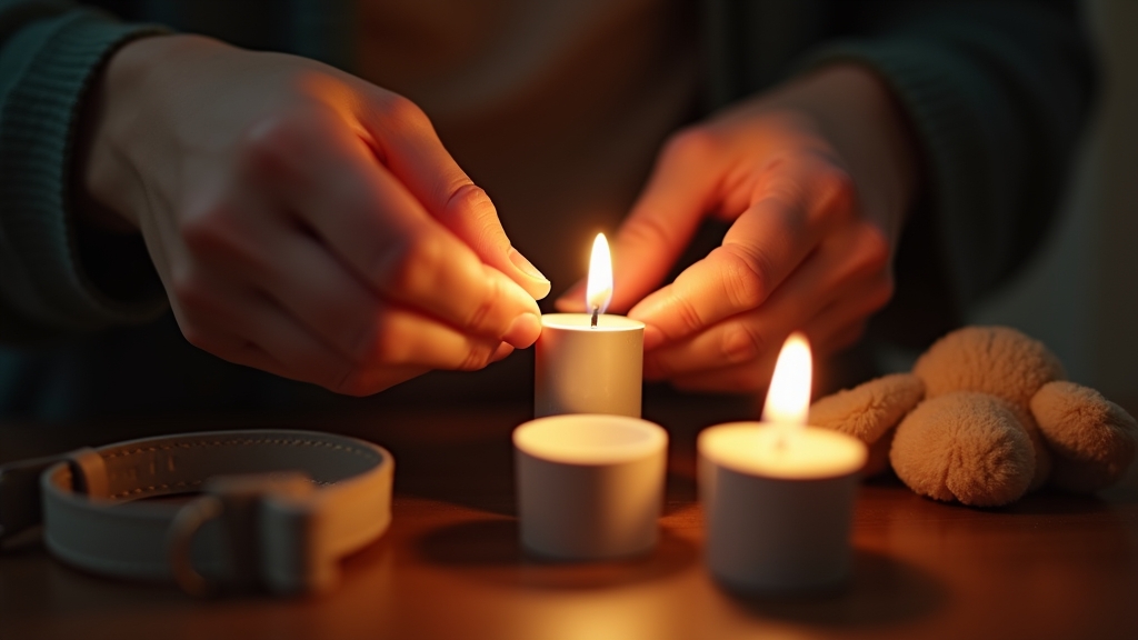 Hands gently lighting memorial candles during a dog funeral service.