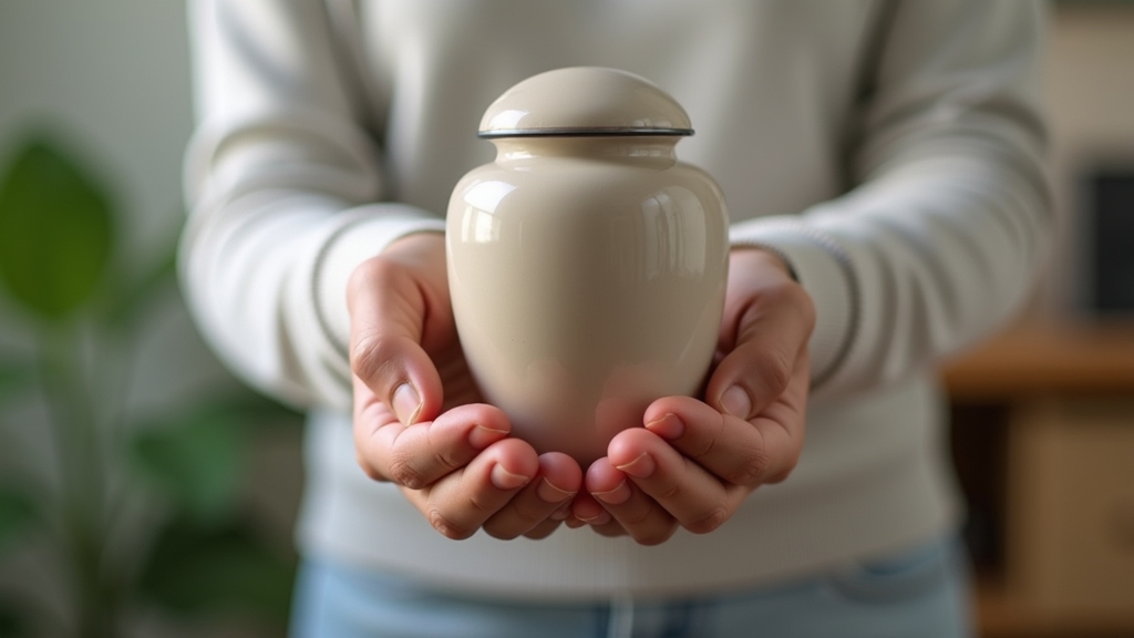 A gentle hand cradling a simple cremation urn.
