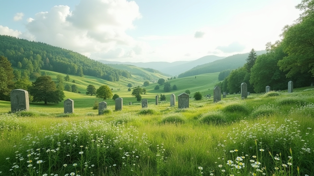 A serene landscape of a lush green cemetery, with wildflowers and trees, showcasing an undisturbed natural burial ground.
