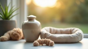 A comforting pet bed with a cremation urn in the foreground.
