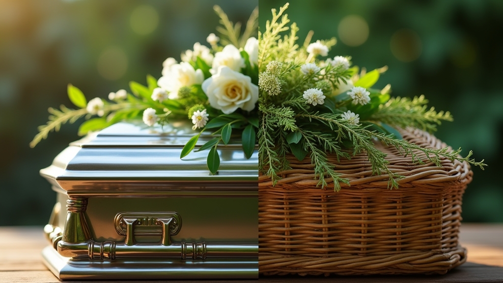 Traditional funeral elements like a metal casket and formal flowers, and green funeral elements like a woven casket and natural plants.