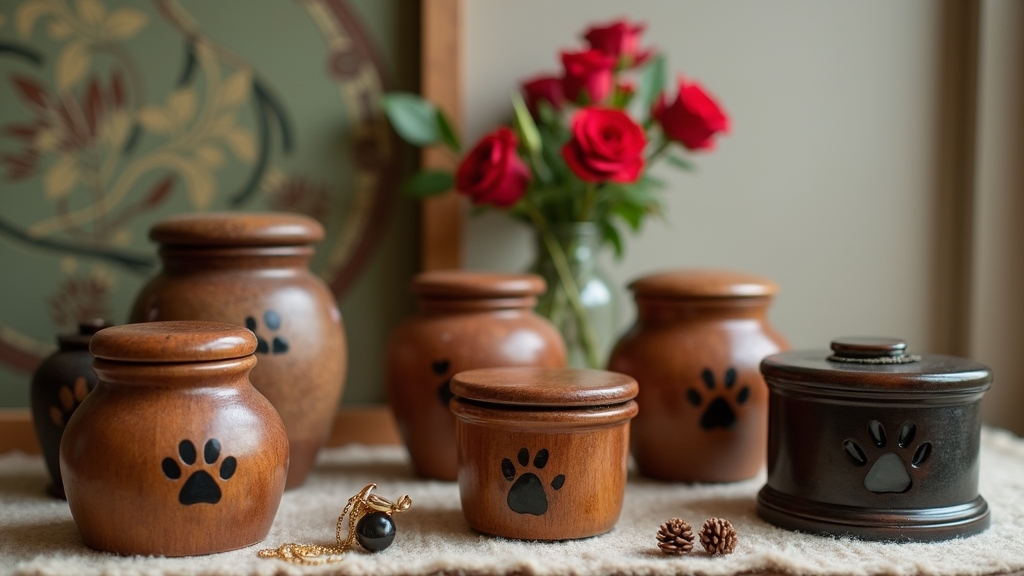 A diverse collection of pet urns and keepsake items.