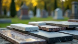 An artistic close-up of various polished stone samples (granite, marble, bronze) for headstones.