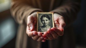 Hands gently hold a photograph of a loved one