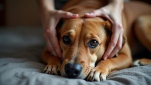 A comforting hand on a dog's head
