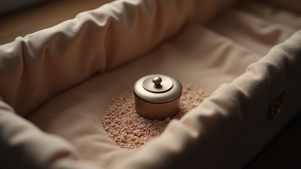 A small pet urn being placed inside a human casket