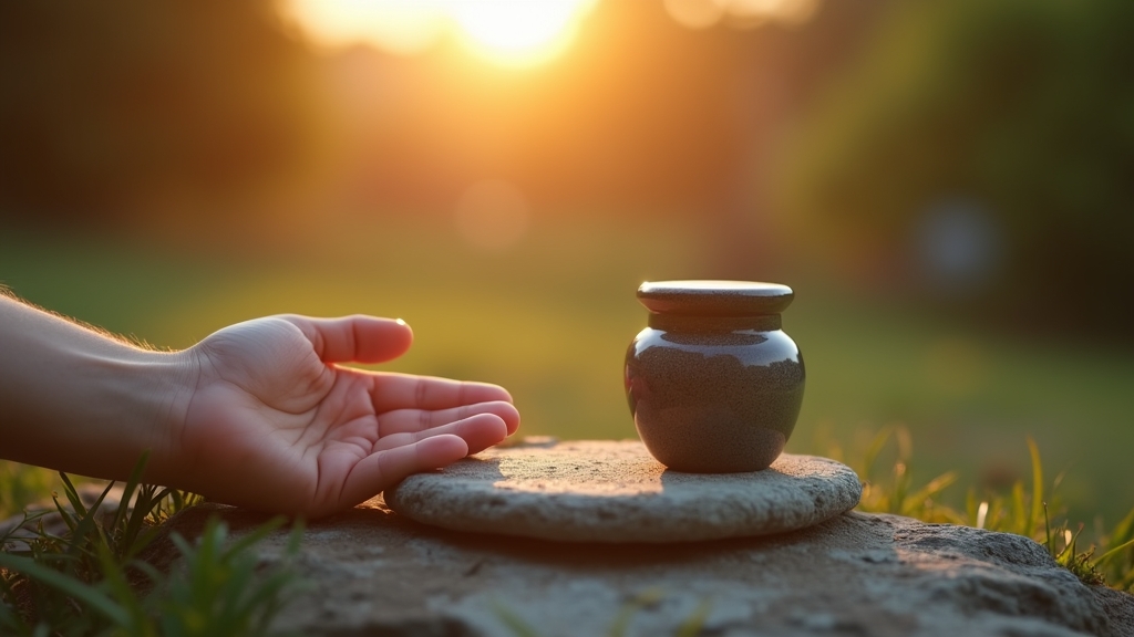 A comforting hand near a pet memorial stone