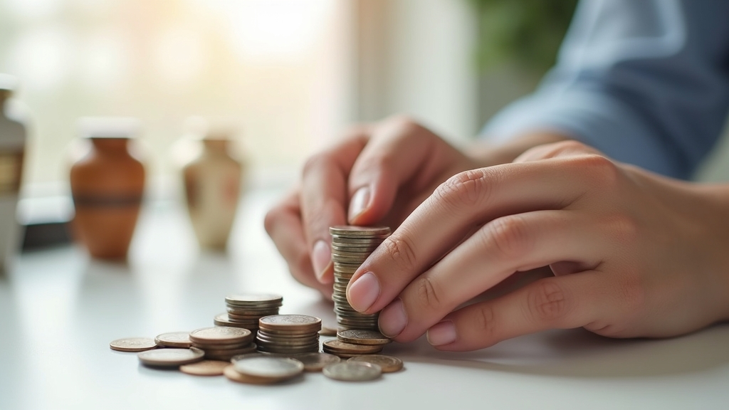 Hands managing money alongside simplified funeral items