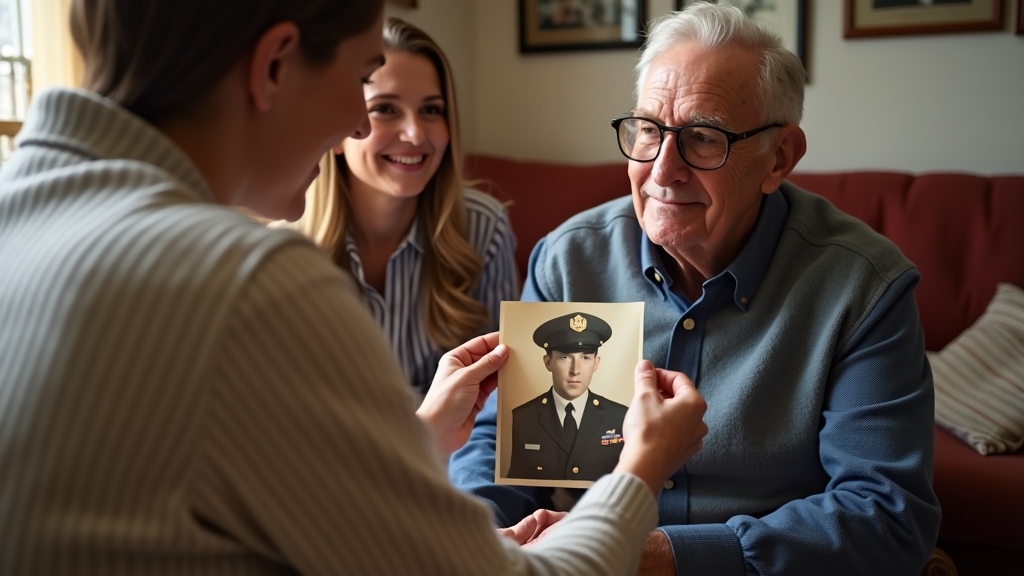 A multi-generational family looks at a military photo