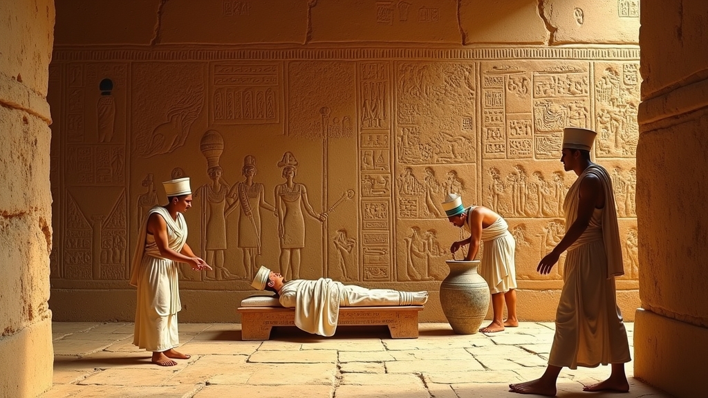 Ancient Egyptian hieroglyphs depicting the historical mummification and embalming process.