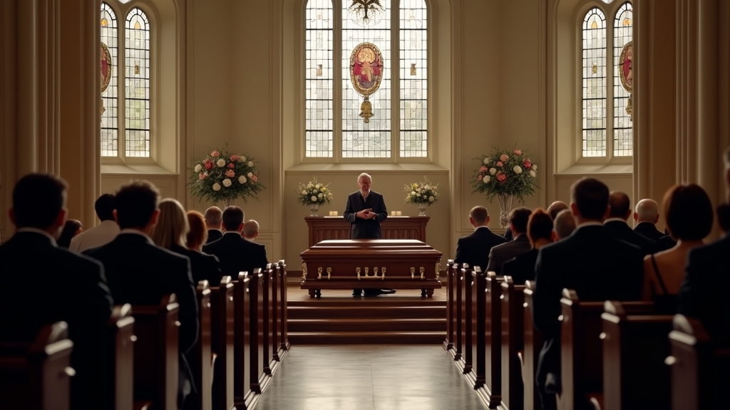 Traditional funeral ceremony with casket, clergy officiating, and family in mourning