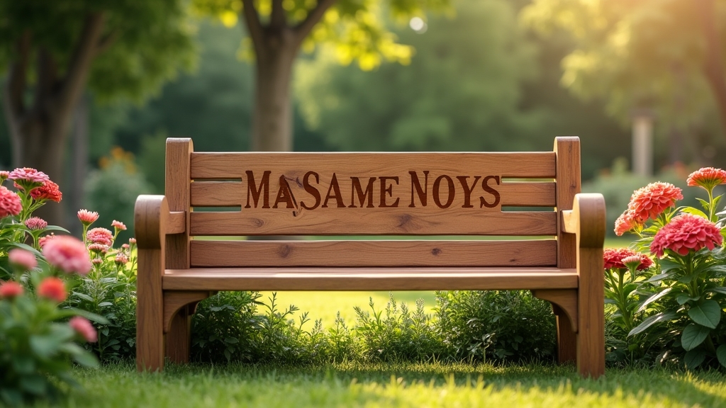 Wooden bench engraved with petโs name placed in peaceful memorial garden