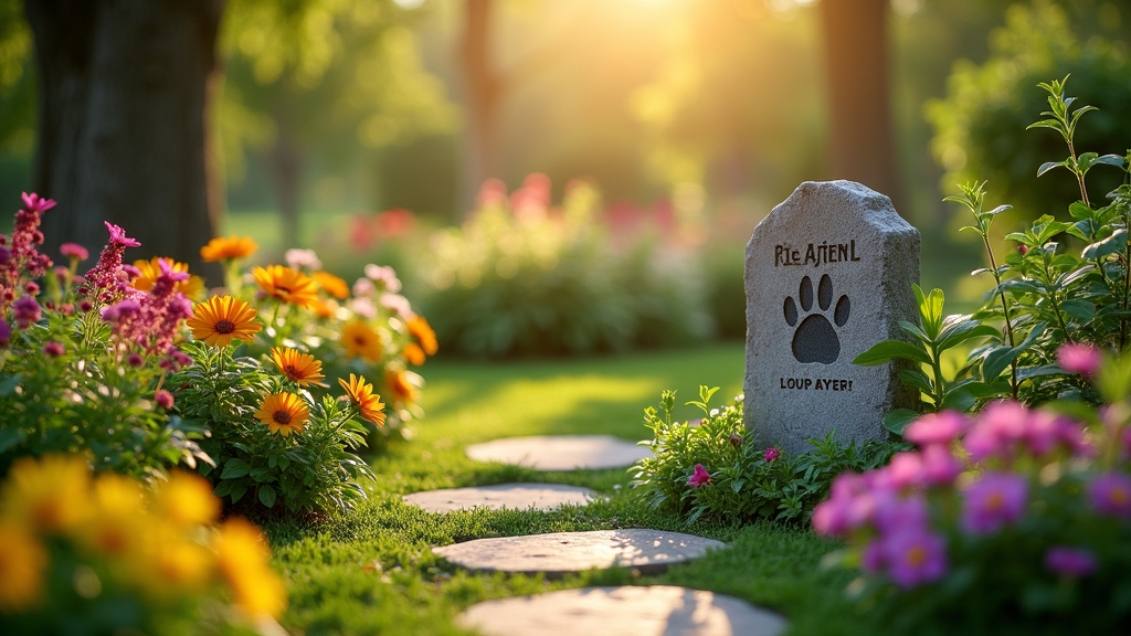 Beautiful pet memorial garden with flowers, stones, and a peaceful atmosphere