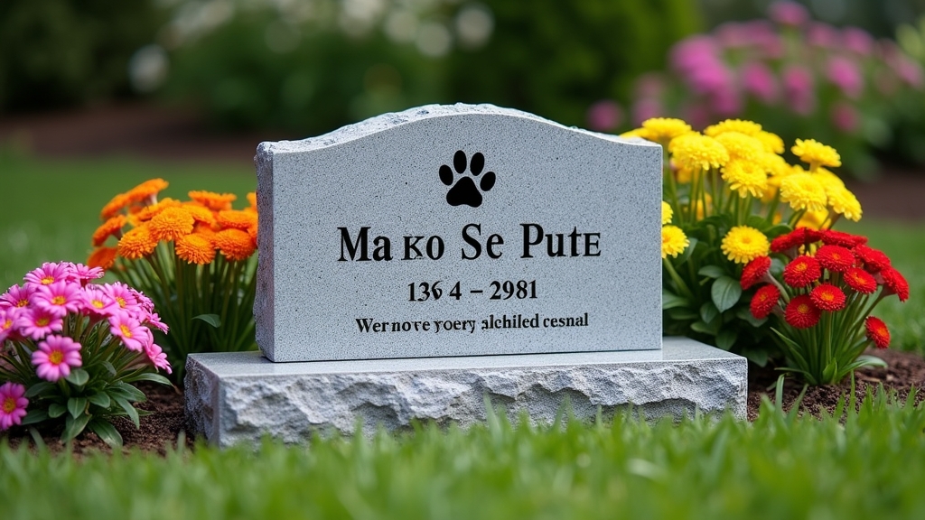 Granite pet memorial headstone engraved with pet's name and paw print in garden