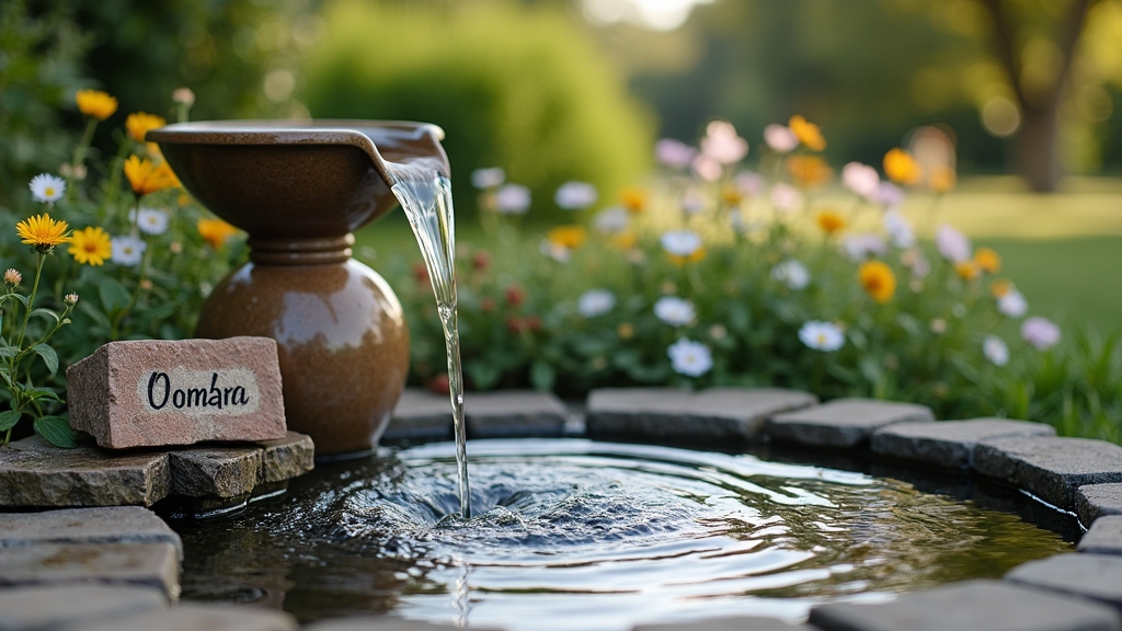 Small Garden water fountain memorial dedicated to a pet with stone plaque
