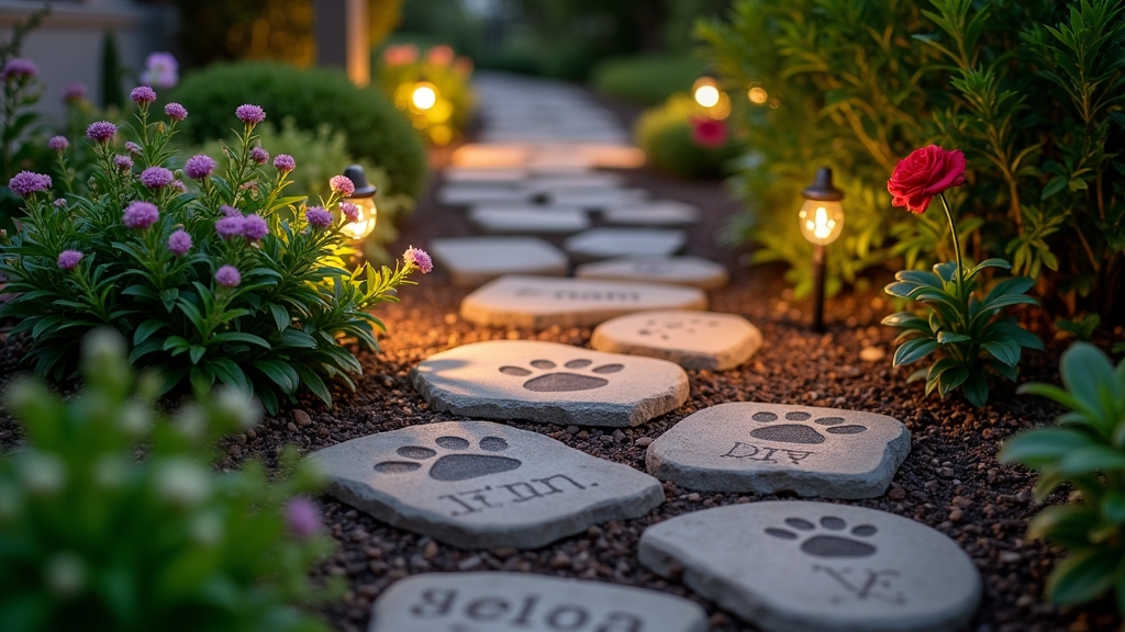 Stone pathway leading through a pet memorial garden with paw print stones