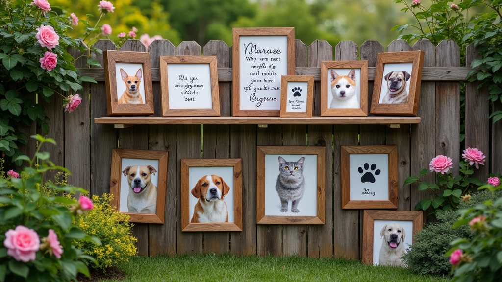 Pet picture frames displayed creatively in an outdoor garden memorial