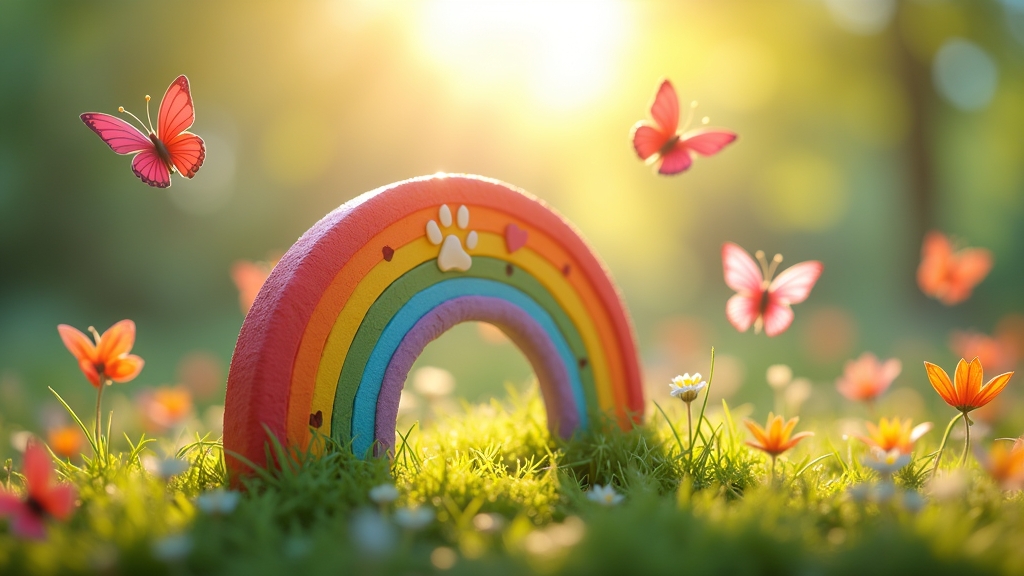 Rainbow Bridge ornament in a pet memorial garden with colorful rainbow arch