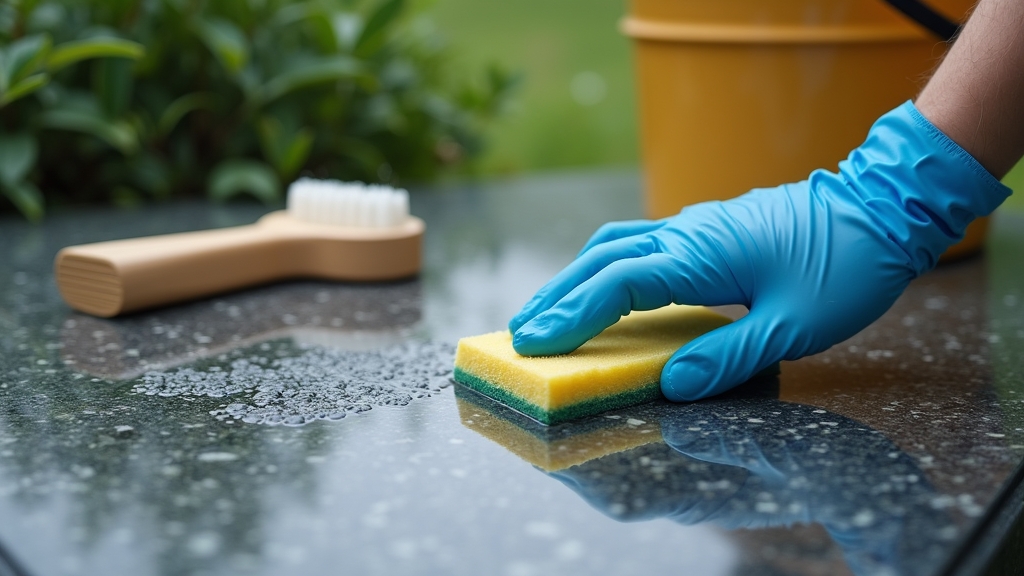 Person in gloves applying cleaning solution with a sponge to a granite headstone