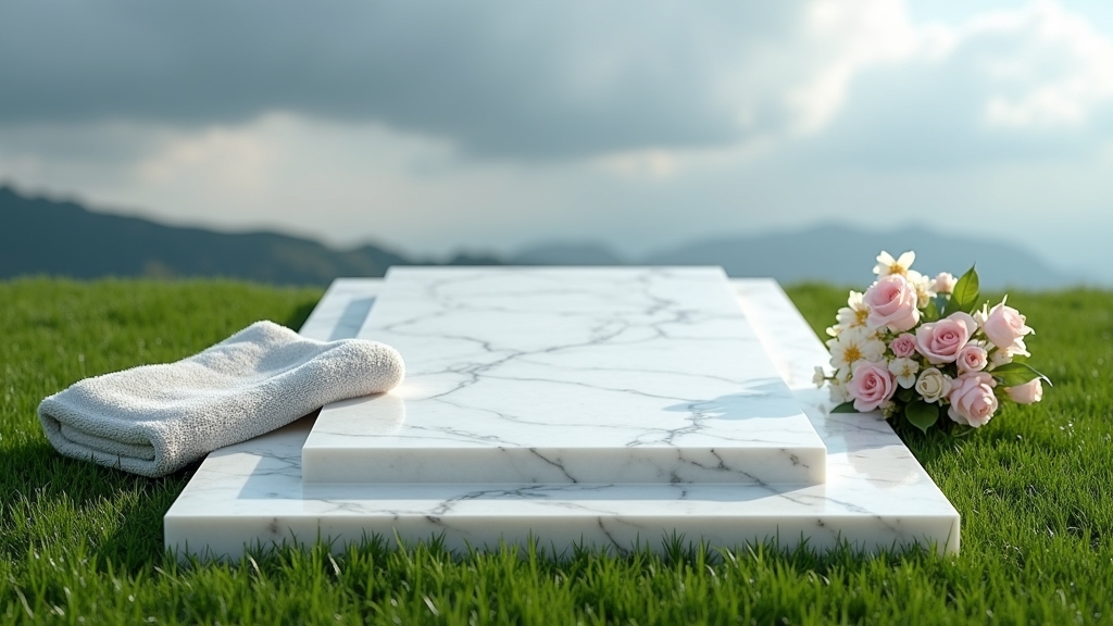 Freshly cleaned and dry headstone in a peaceful cemetery with flowers nearby