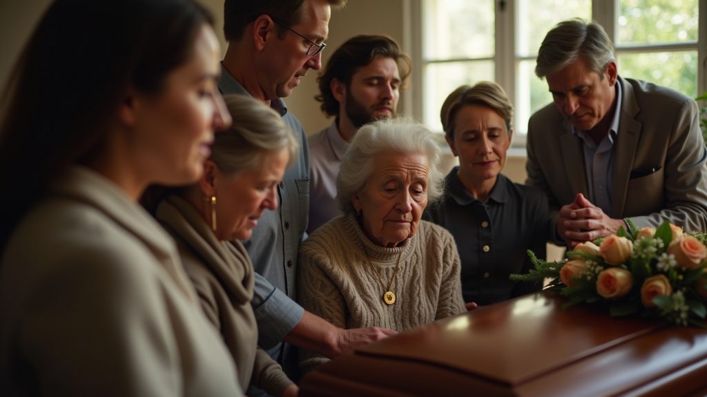 Family offering support and sharing grief during a funeral visitation