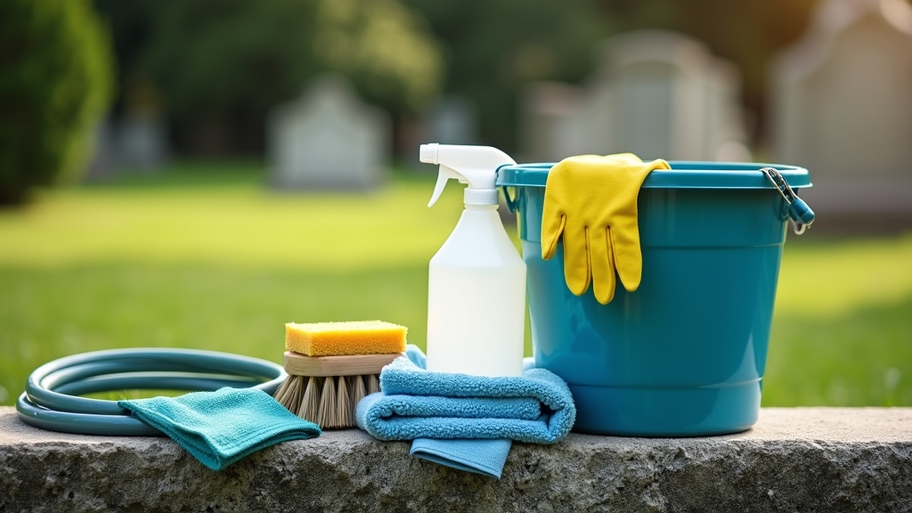 Soft-bristled brush, vinegar, gloves, and other headstone cleaning supplies on a bench in the cemetery